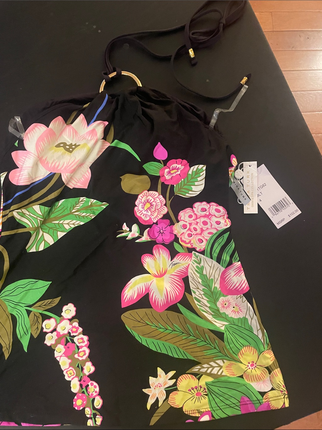 Trina Turk Black Swim Top With Pink, Yellow And Green Floral Detail